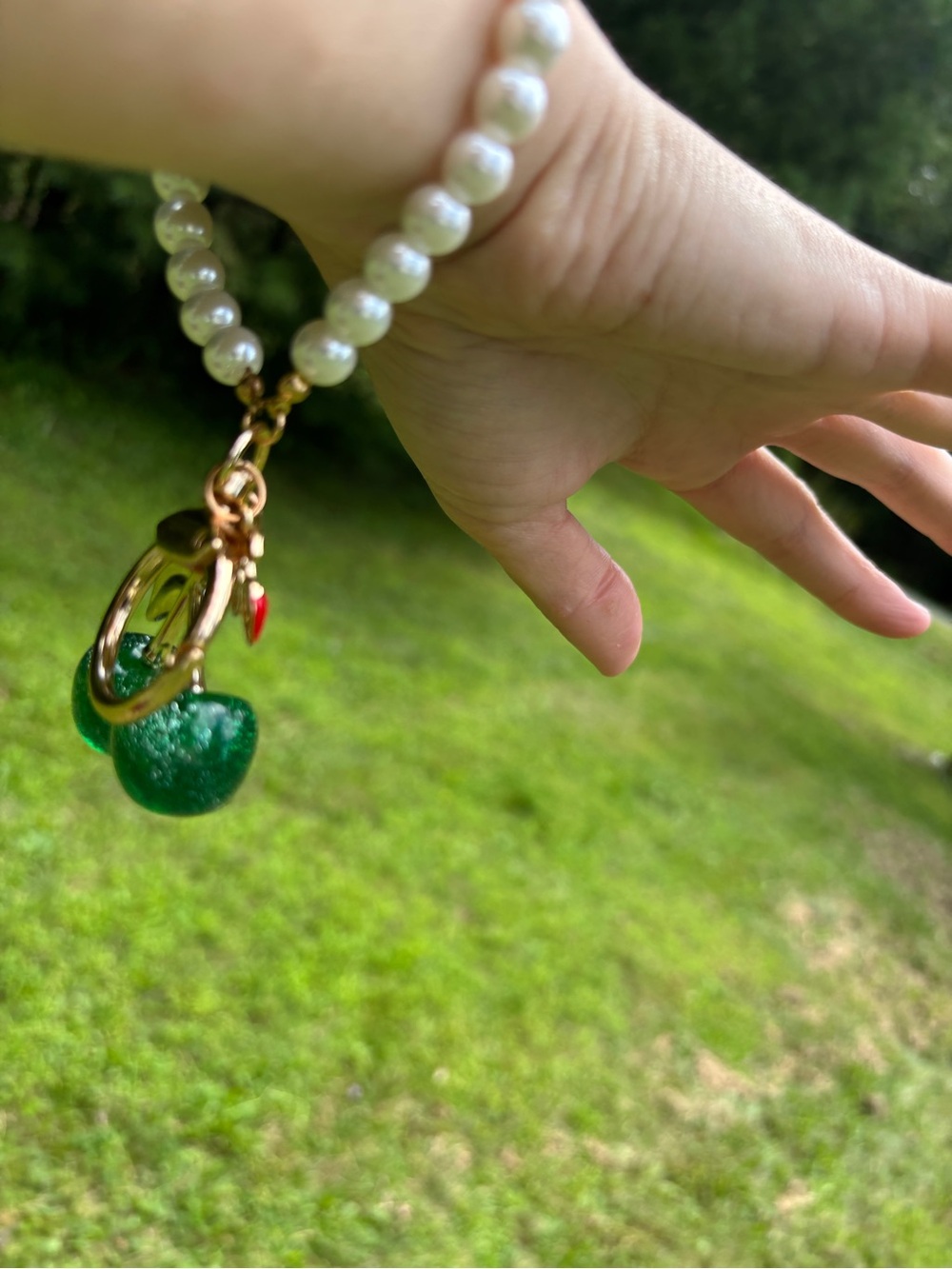 Pearl Beaded Wristlet Keychain with Green Glitter Cherry Charm - Picture 8 of 10